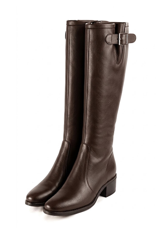 Dress custom-made knee-high boots with buckles in dark brown leather with thick leather soles and round toe - Front view